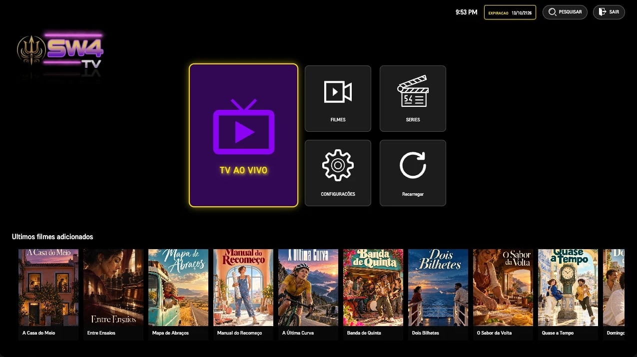 App home screen with live TV, movies and series